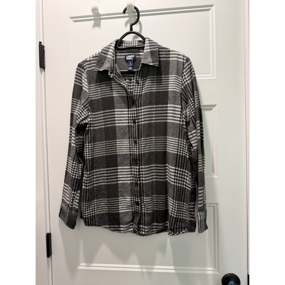 Land's End Women's M 100% Cotton Flannel Black Gray Button Up Neutral